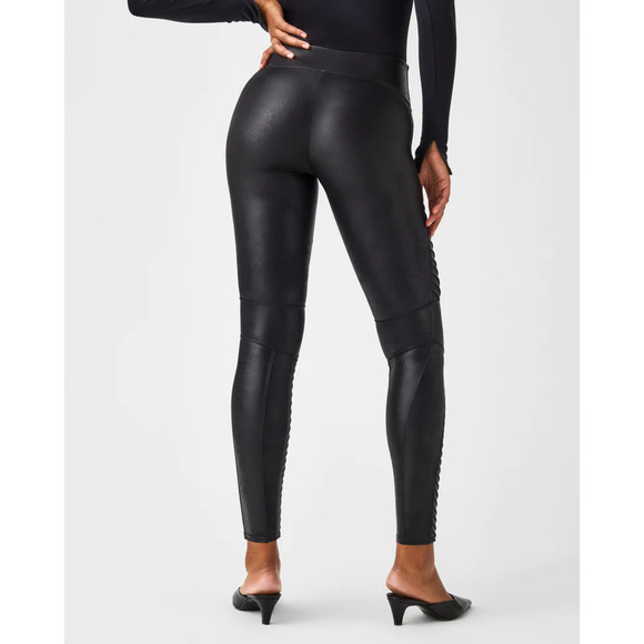 Spanx Faux Leather Moto High Waist Shaping Pull-On Ankle Leggings Very Black M - Picture 2 of 15